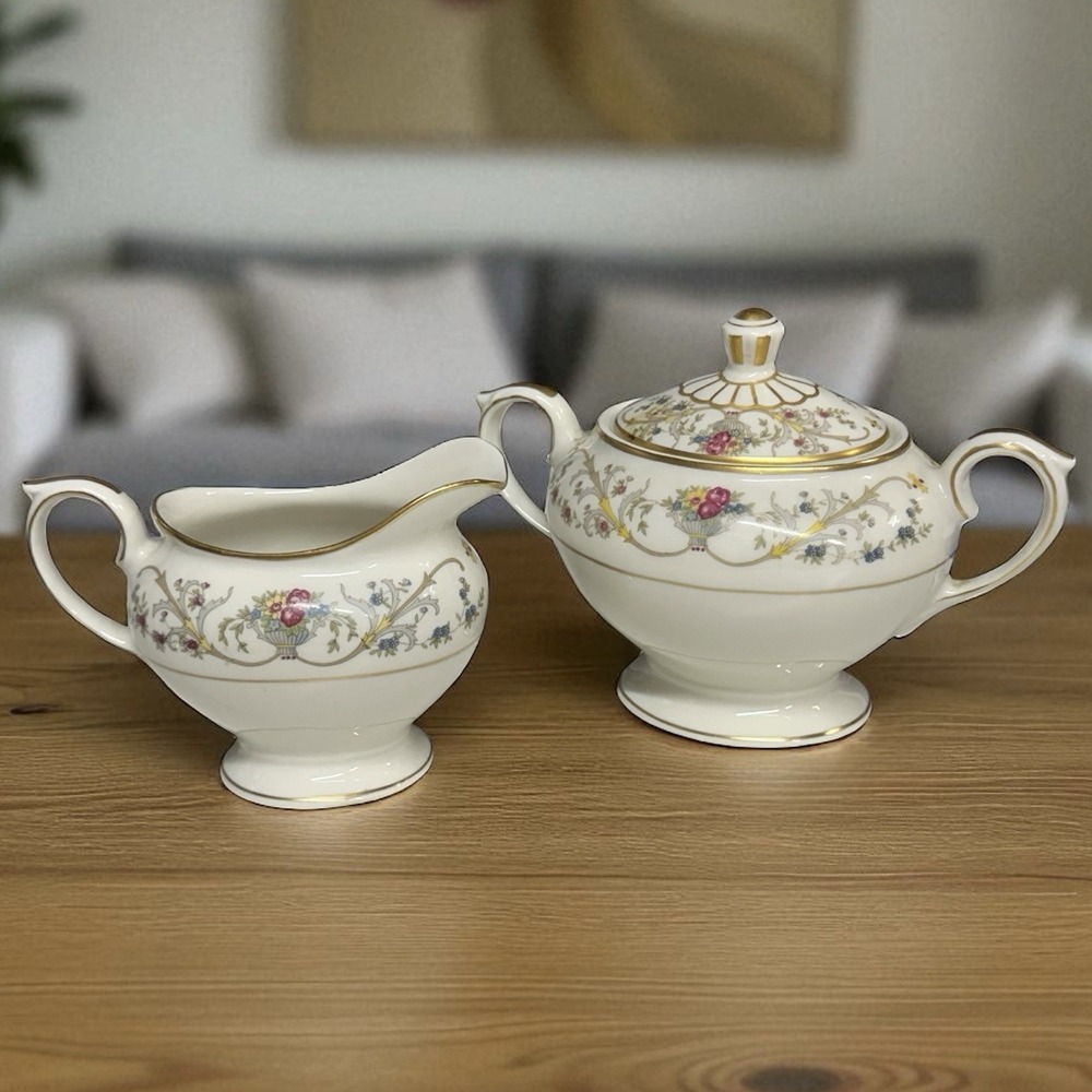 Lamberton Ivory China Sugar Bowl w/ Lid & Creamer Set Dorothea VTG Made in USA‎
